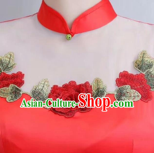 Chinese Traditional Long Qiapo Dress Embroidered Red Cheongsam National Costume for Women