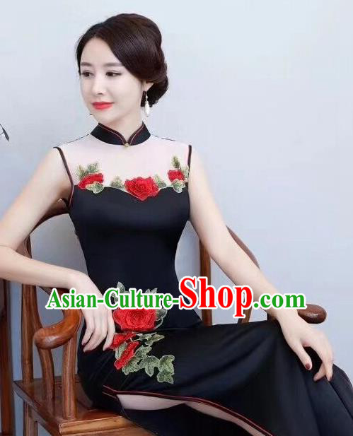 Chinese Traditional Long Qipao Dress Embroidered Black Cheongsam National Costume for Women