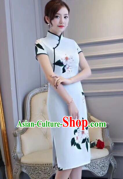Chinese Traditional Short Qiapo Dress Light Blue Cheongsam National Costume for Women
