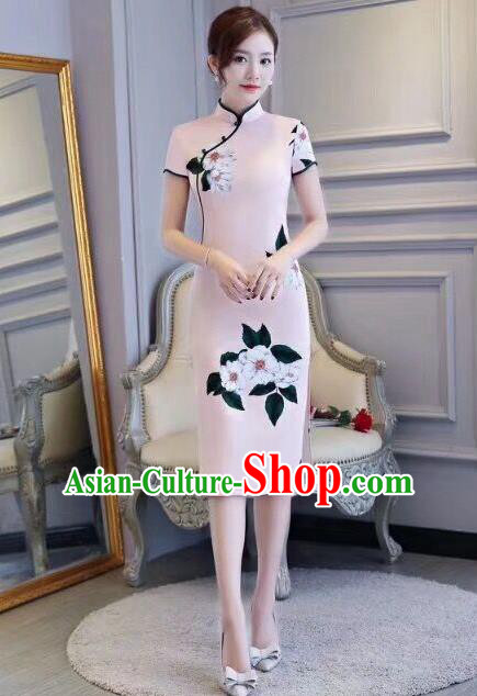 Chinese Traditional Short Qipao Dress Light Pink Cheongsam National Costume for Women