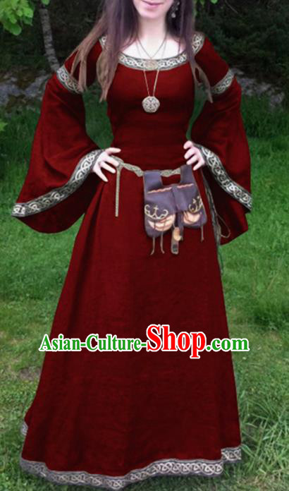 Traditional Europe Middle Ages Civilian Wine Red Dress Halloween Cosplay Stage Performance Costume for Women