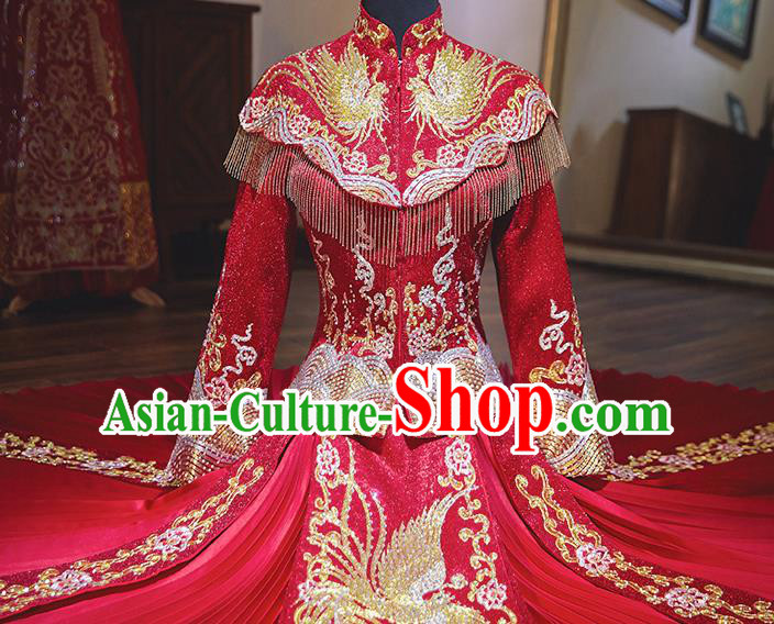 Chinese Traditional Wedding Costumes Ancient Bride Embroidered Red Xiuhe Suit Dress for Women