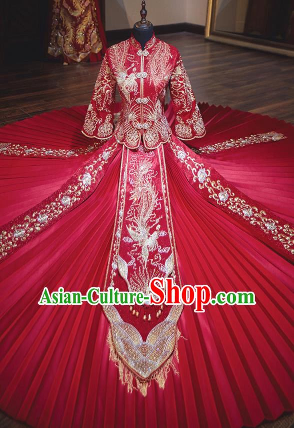 Chinese Traditional Wedding Costumes Toast Red Xiuhe Suit Ancient Bride Full Dress for Women