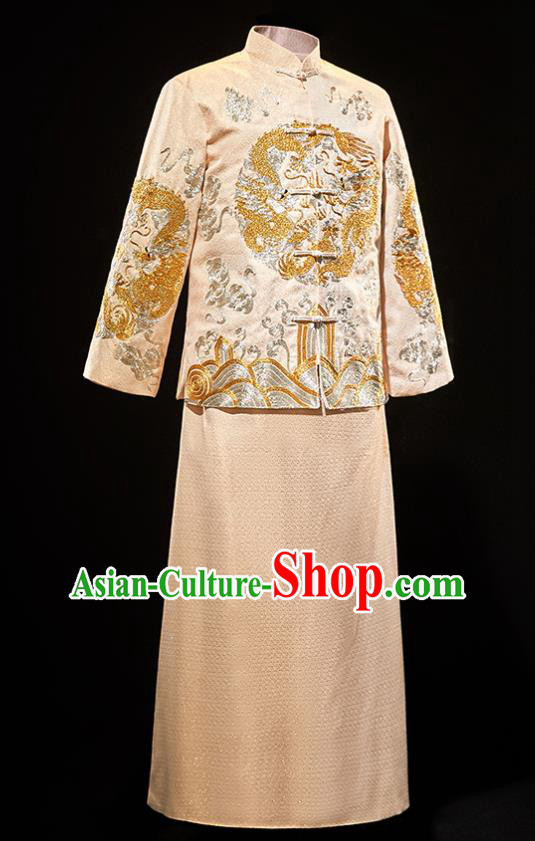 Chinese Traditional Bridegroom Wedding Xiuhe Costumes Tang Suit Embroidered Dragon Golden Mandarin Jacket and Long Gown for Men