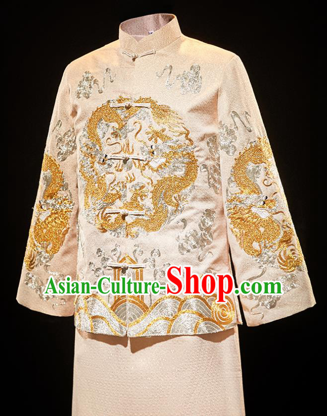 Chinese Traditional Bridegroom Wedding Xiuhe Costumes Tang Suit Embroidered Dragon Golden Mandarin Jacket and Long Gown for Men