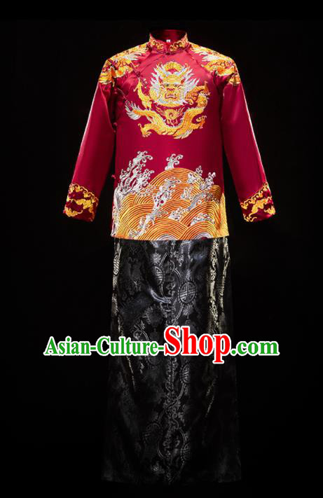 Chinese Traditional Bridegroom Wedding Xiuhe Costumes Tang Suit Embroidered Red Mandarin Jacket and Black Long Gown for Men