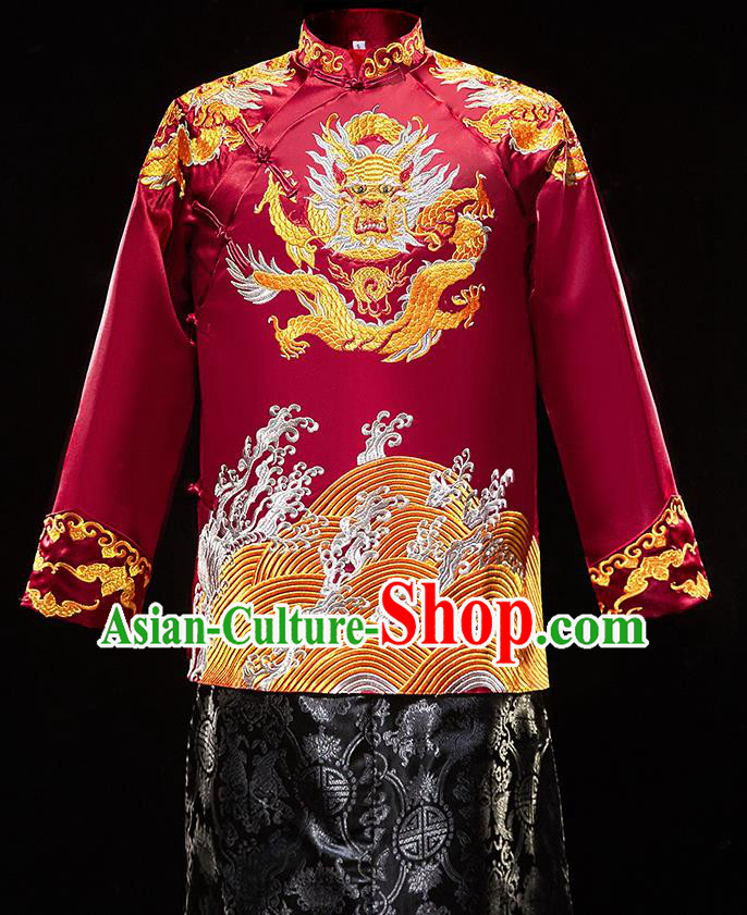 Chinese Traditional Bridegroom Wedding Xiuhe Costumes Tang Suit Embroidered Red Mandarin Jacket and Black Long Gown for Men