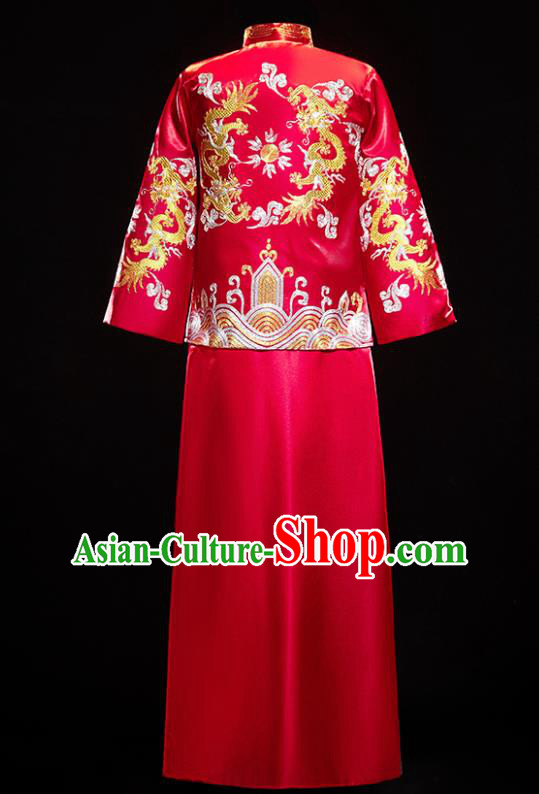 Chinese Traditional Bridegroom Wedding Costumes Tang Suit Red Mandarin Jacket and Long Gown for Men