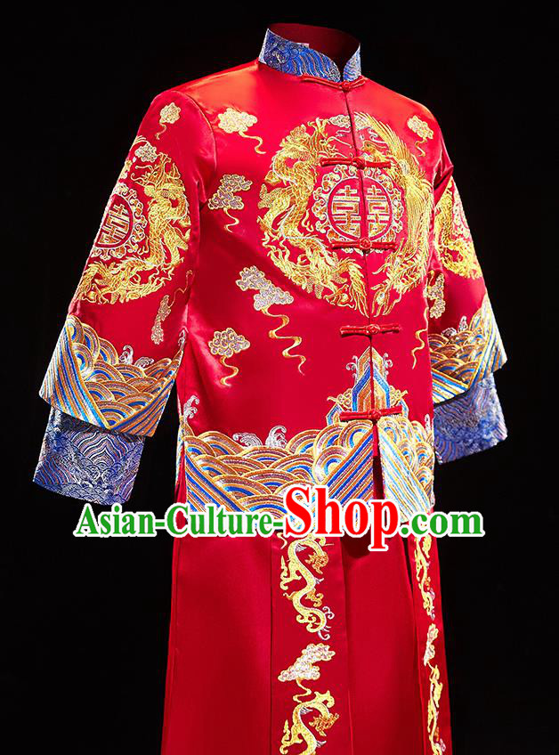 Chinese Traditional Bridegroom Wedding Costumes Tang Suit Xiuhe Suits Red Mandarin Jacket and Long Gown for Men