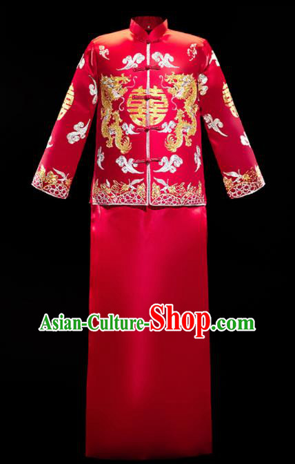Chinese Traditional Bridegroom Wedding Embroidered Costumes Tang Suit Xiuhe Suits Red Mandarin Jacket and Long Gown for Men