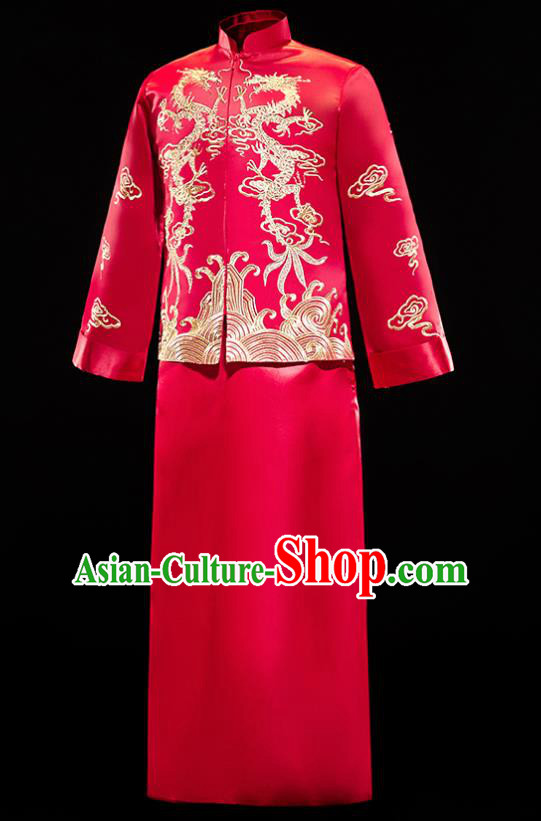 Chinese Traditional Bridegroom Wedding Embroidered Dragon Costumes Tang Suit Xiuhe Suits Red Mandarin Jacket and Long Gown for Men