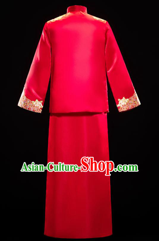 Chinese Traditional Bridegroom Wedding Embroidered Xiuhe Suits Costumes Tang Suit Wine Red Mandarin Jacket and Long Gown for Men
