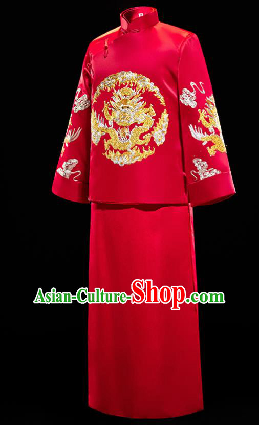 Chinese Traditional Bridegroom Wedding Embroidered Dragon Xiuhe Suits Costumes Tang Suit Wine Red Mandarin Jacket and Long Gown for Men