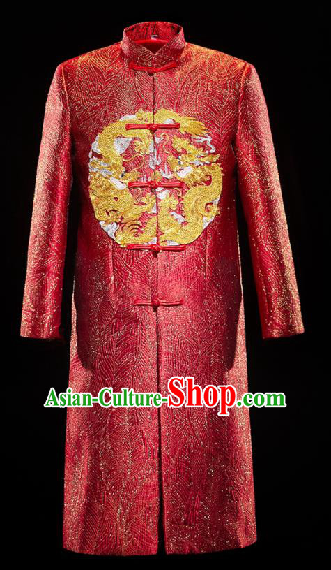 Chinese Traditional Bridegroom Wedding Embroidered Dragon Costumes Tang Suit Purplish Red Mandarin Jacket for Men