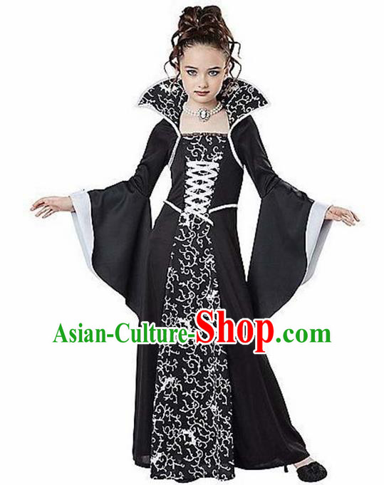 Traditional Europe Renaissance Black Dress Stage Performance Halloween Cosplay Witch Costume for Kids