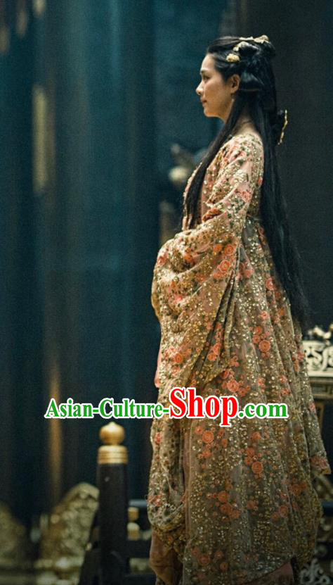 Chinese Ancient Palace Princess Xiao Zhou Dress Drama Novoland Eagle Flag Replica Costumes and Headpiece for Women