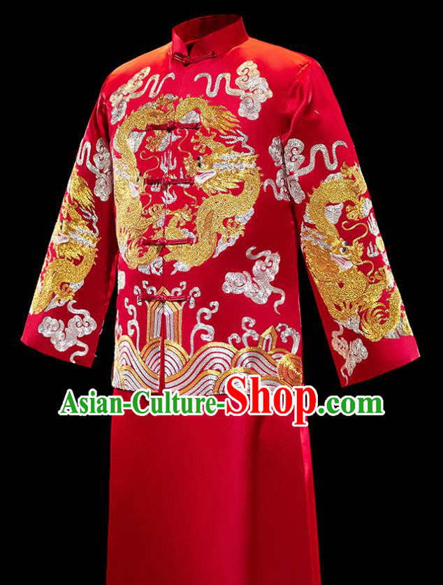 Chinese Traditional Tang Suit Red Mandarin Jacket and Gown Ancient Bridegroom Wedding Embroidered Costumes for Men