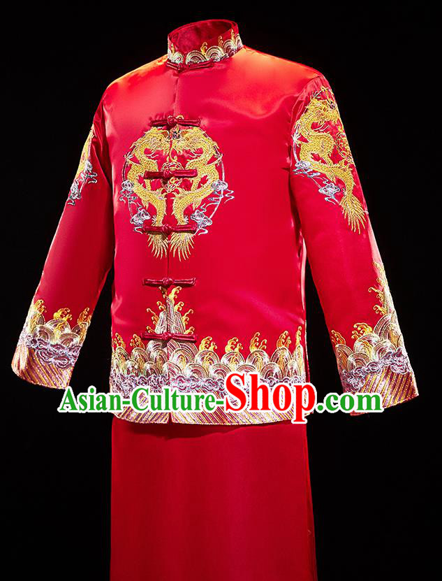 Chinese Traditional Embroidered Tang Suit Red Mandarin Jacket and Gown Ancient Bridegroom Wedding Costumes for Men