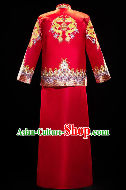 Chinese Traditional Embroidered Tang Suit Red Mandarin Jacket and Gown Ancient Bridegroom Wedding Costumes for Men
