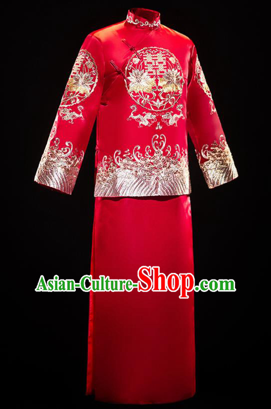 Chinese Traditional Embroidered Wedding Tang Suit Red Mandarin Jacket and Gown Ancient Bridegroom Costumes for Men
