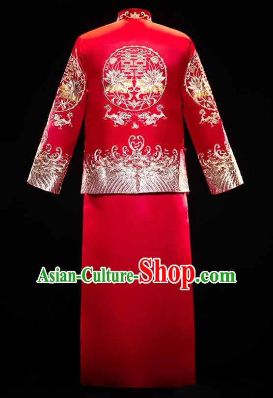 Chinese Traditional Embroidered Wedding Tang Suit Red Mandarin Jacket and Gown Ancient Bridegroom Costumes for Men