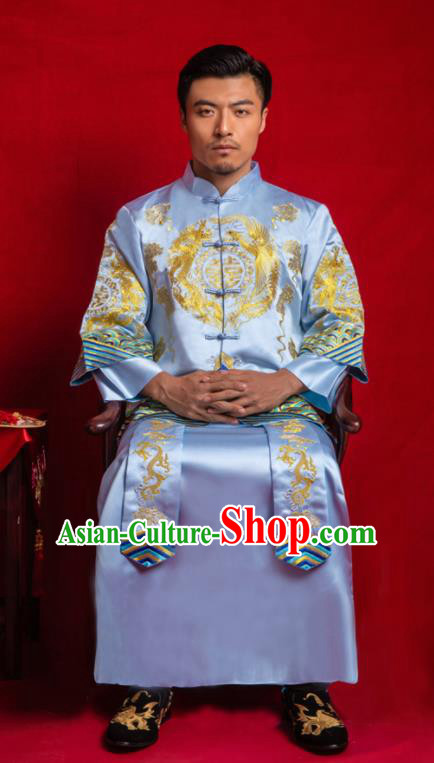 Chinese Traditional Embroidered Wedding Blue Mandarin Jacket and Gown Ancient Bridegroom Tang Suit Costumes for Men
