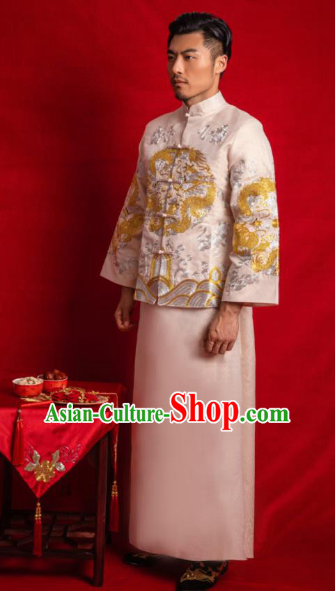 Chinese Traditional Embroidered Wedding Champagne Mandarin Jacket and Gown Ancient Bridegroom Tang Suit Costumes for Men