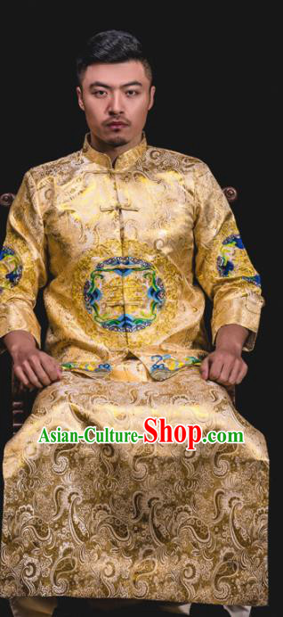 Chinese Traditional Wedding Embroidered Light Golden Mandarin Jacket and Gown Ancient Bridegroom Tang Suit Costumes for Men