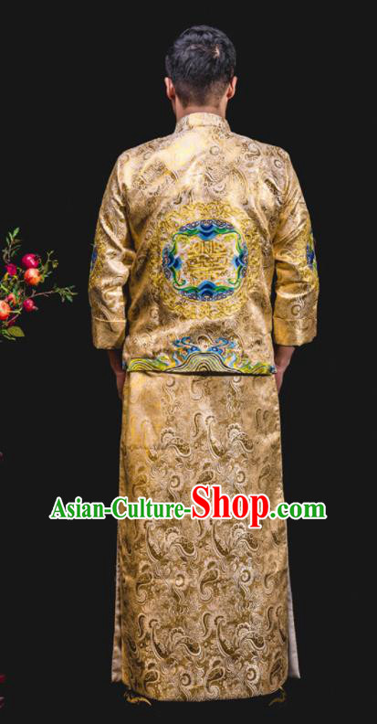 Chinese Traditional Wedding Embroidered Light Golden Mandarin Jacket and Gown Ancient Bridegroom Tang Suit Costumes for Men