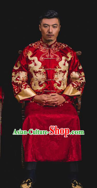 Chinese Traditional Wedding Embroidered Dragons Red Mandarin Jacket and Gown Ancient Bridegroom Tang Suit Costumes for Men