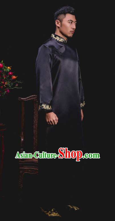 Chinese Traditional Wedding Embroidered Black Gown Ancient Groomsman Tang Suit Costumes for Men