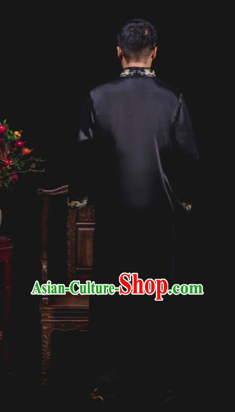 Chinese Traditional Wedding Embroidered Black Gown Ancient Groomsman Tang Suit Costumes for Men