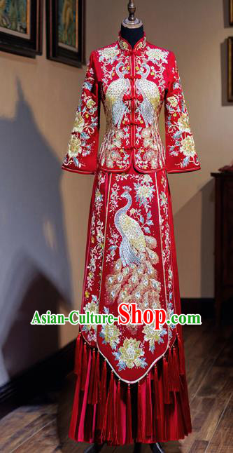 Chinese Traditional Wedding Toast Xiuhe Suit Ancient Bride Embroidered Peacock Full Dress for Women
