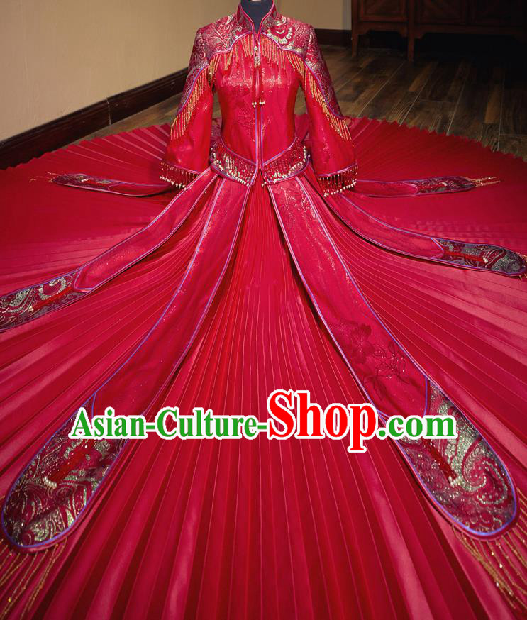 Chinese Traditional Wedding Toast Xiuhe Suit Ancient Bride Embroidered Red Full Dress for Women