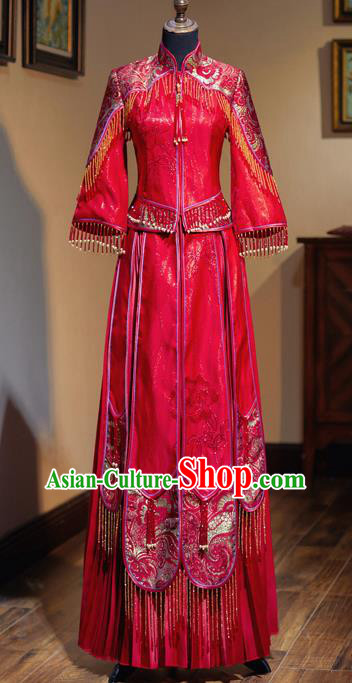 Chinese Traditional Wedding Toast Xiuhe Suit Ancient Bride Embroidered Red Full Dress for Women