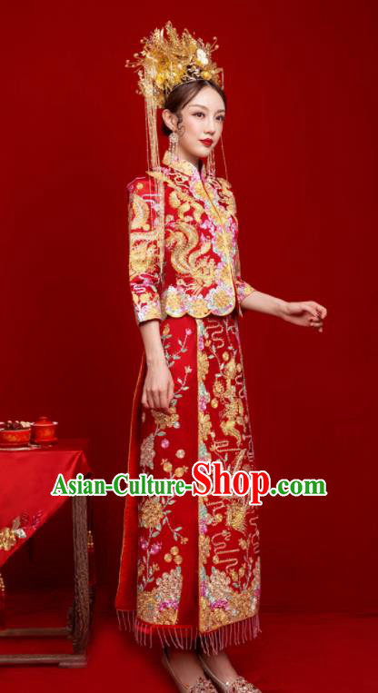 Chinese Traditional Wedding Toast Dragon Phoenix Xiuhe Suit Ancient Bride Embroidered Full Dress for Women
