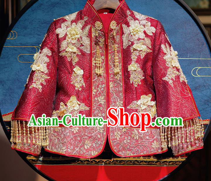 Chinese Traditional Wedding Toast Red Xiuhe Suit Ancient Bride Embroidered Full Dress for Women