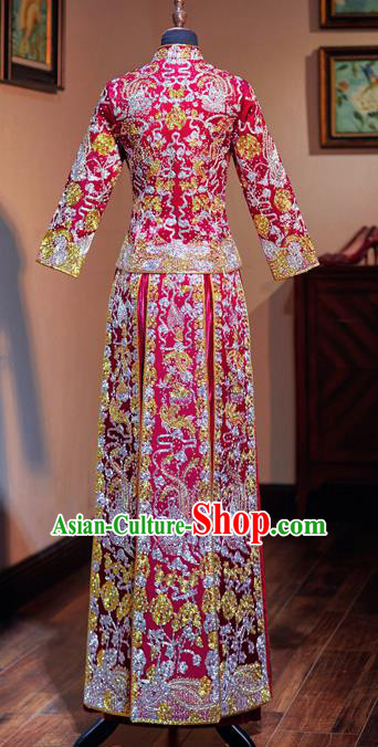 Chinese Traditional Wedding Costumes Toast Red Xiuhe Suit Ancient Bride Embroidered Full Dress for Women