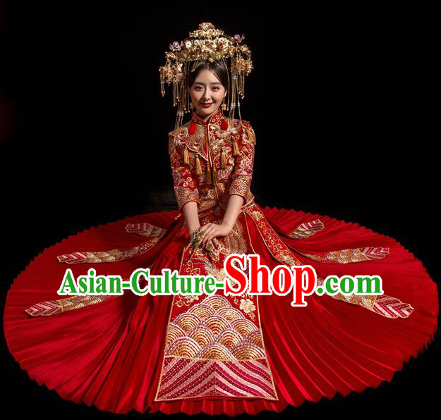 Chinese Traditional Wedding Toast Costumes Embroidered Phoenix Xiuhe Suit Ancient Bride Full Dress for Women