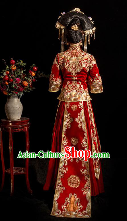 Chinese Traditional Wedding Toast Costumes Embroidered Red Xiuhe Suit Ancient Bride Full Dress for Women