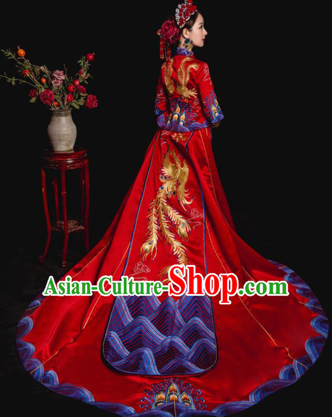 Chinese Traditional Wedding Toast Trailing Costumes Embroidered Red Xiuhe Suit Ancient Bride Full Dress for Women