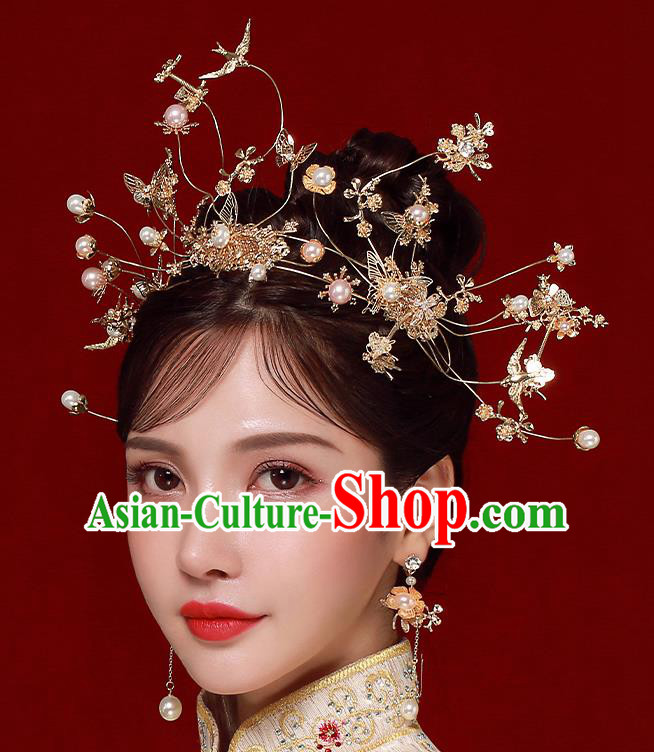 Chinese Traditional Handmade Wedding Hair Accessories Bride Golden Hair Crown for Women