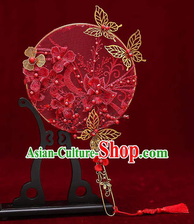 Chinese Traditional Wedding Red Lace Palace Fans Ancient Bride Prop Round Fan for Men