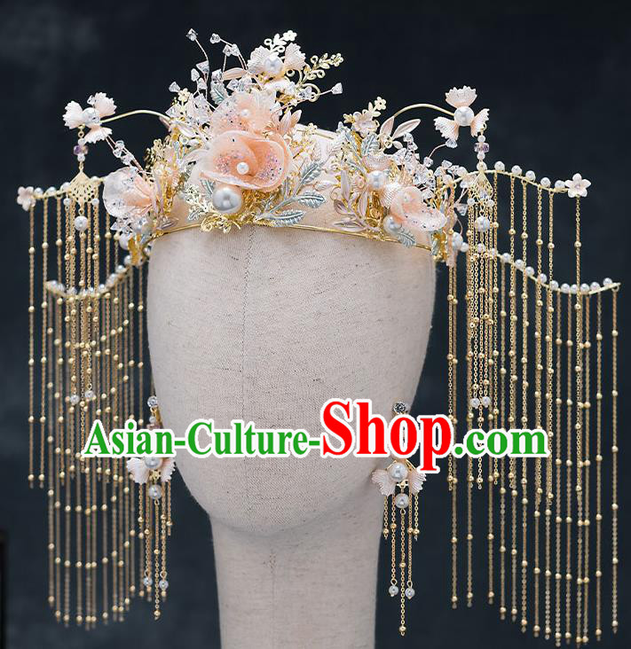 Chinese Traditional Bride Pink Flowers Hair Crown Handmade Hairpins Wedding Hair Accessories Complete Set for Women