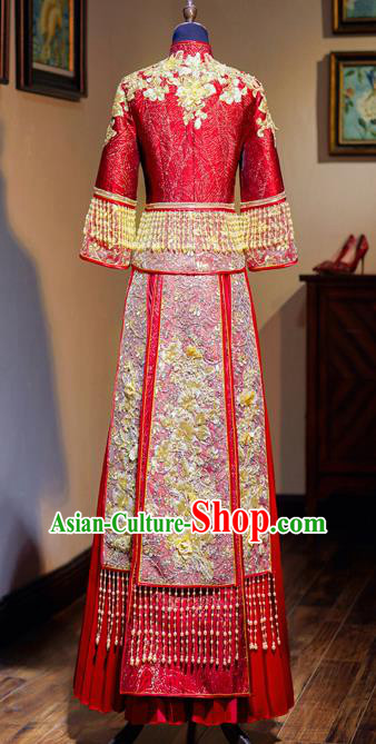 Chinese Traditional Wedding Red Costumes Toast Xiuhe Suit Ancient Bride Embroidered Full Dress for Women