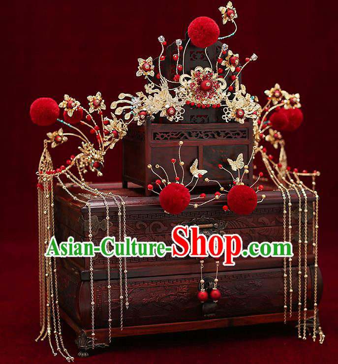 Chinese Traditional Bride Red Venonat Hair Crown Handmade Hairpins Wedding Hair Accessories Complete Set for Women