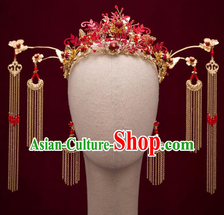 Chinese Traditional Bride Tassel Red Hair Crown Handmade Hairpins Wedding Hair Accessories Complete Set for Women
