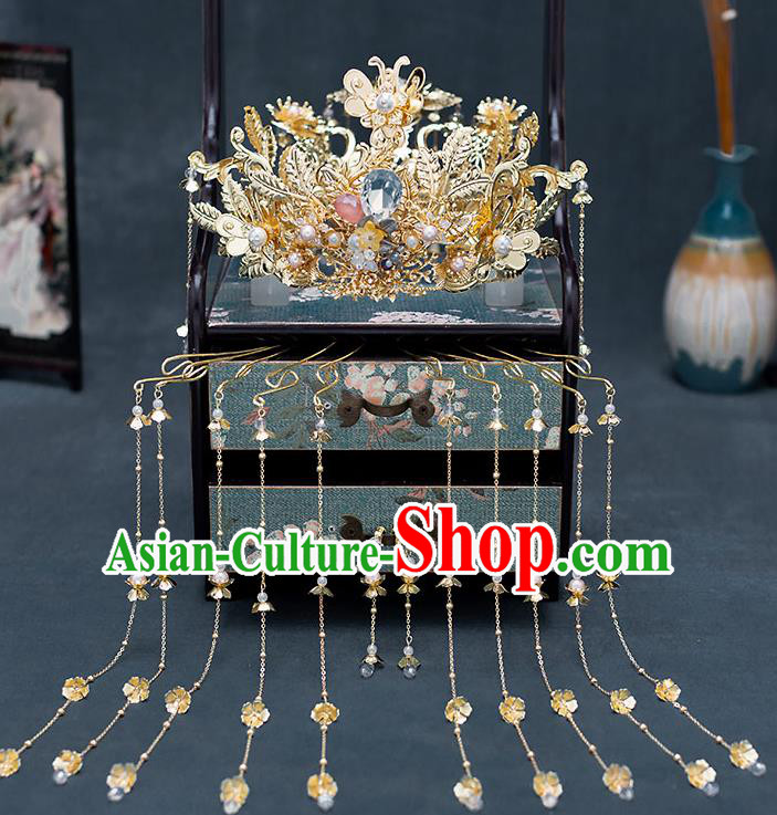 Chinese Traditional Bride Golden Royal Crown Handmade Hairpins Wedding Hair Accessories Complete Set for Women