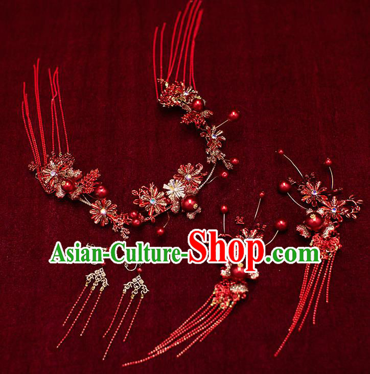 Chinese Traditional Red Flowers Tassel Hair Clasp Bride Handmade Hairpins Wedding Hair Accessories Complete Set for Women