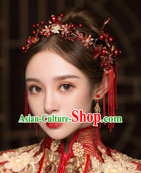 Chinese Traditional Red Flowers Tassel Hair Clasp Bride Handmade Hairpins Wedding Hair Accessories Complete Set for Women